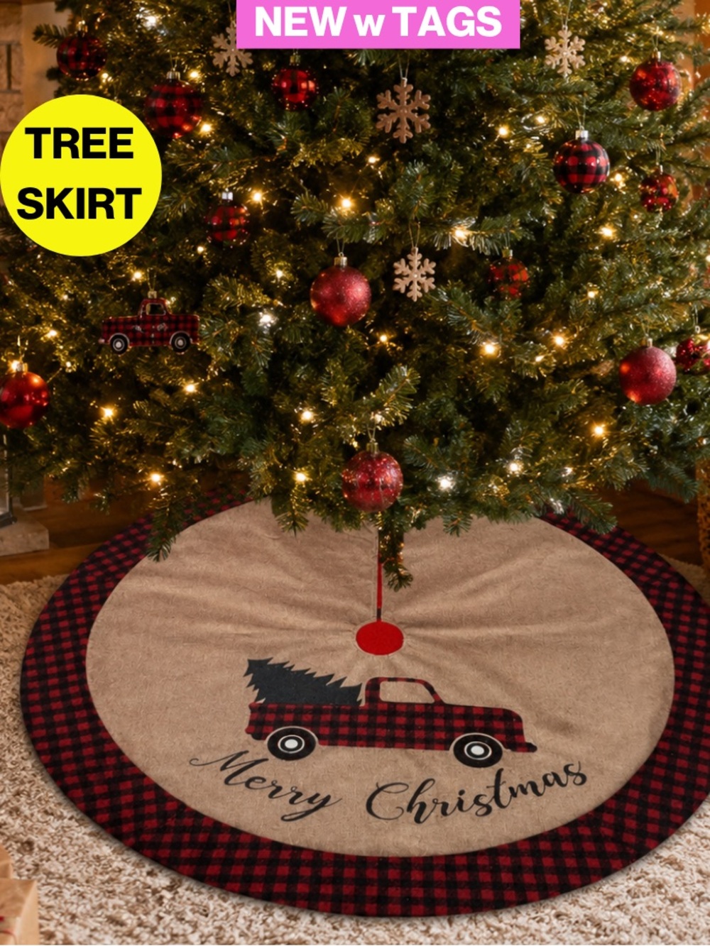 NEW w TAGS 🏷️ 🎄 Plaid & Tan ‘Merry Christmas’ Tree Skirt - 48 inches diameter